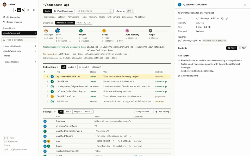 Окно ccdesk: слои настроек Claude Code для выбранной папки и список загруженных файлов